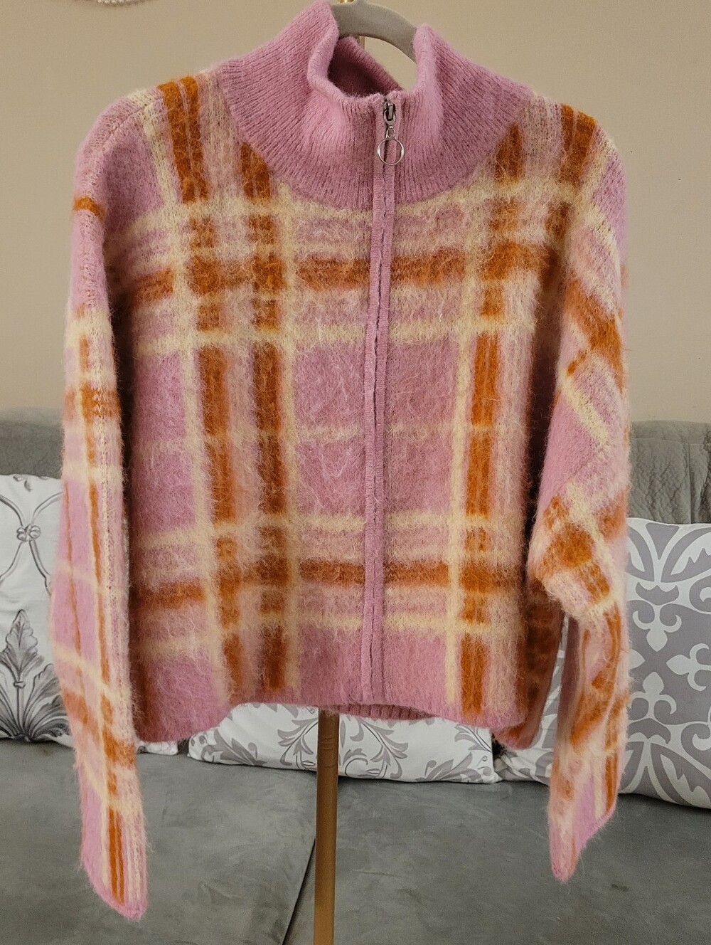 Wide Fable, Pink Plaid Zip-Up Fuzzy Cardigan